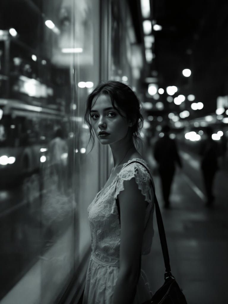 Solemn Young Woman in High-Contrast Monochrome Cityscape