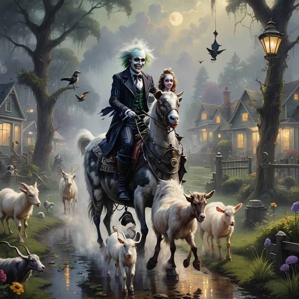 Beetlejuice on Goat in Ethereal Fantasy Style