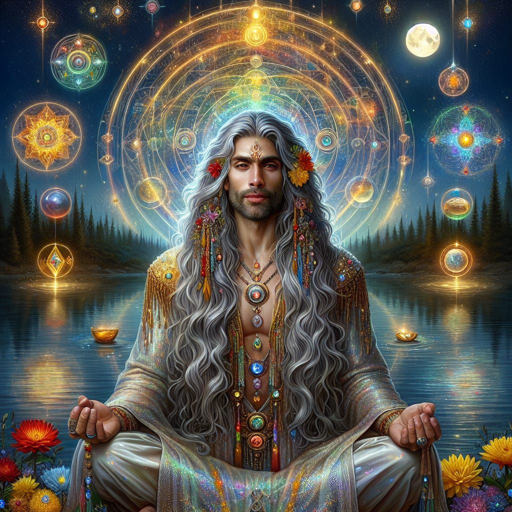 Mystical Figure with Warrior in Celestial Landscape