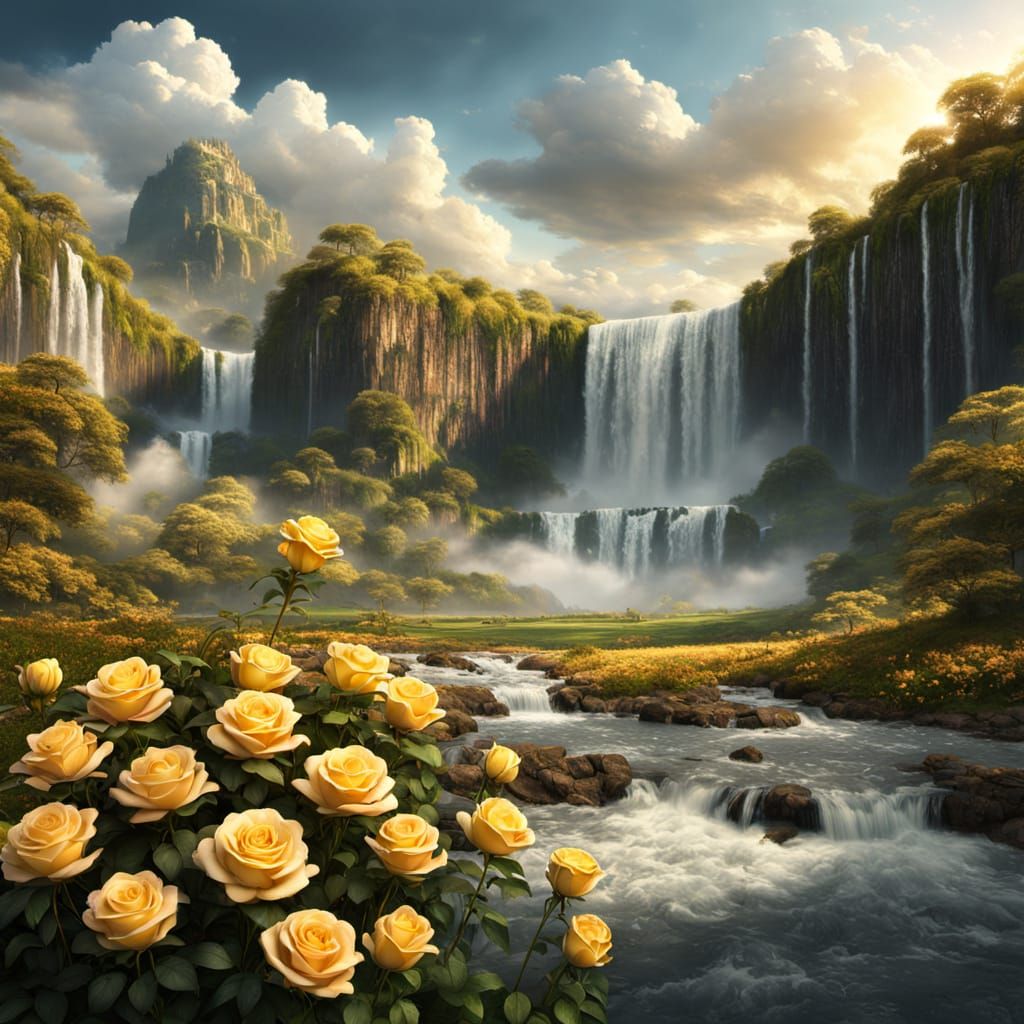 Golden Rose Meadow and Towering Waterfall