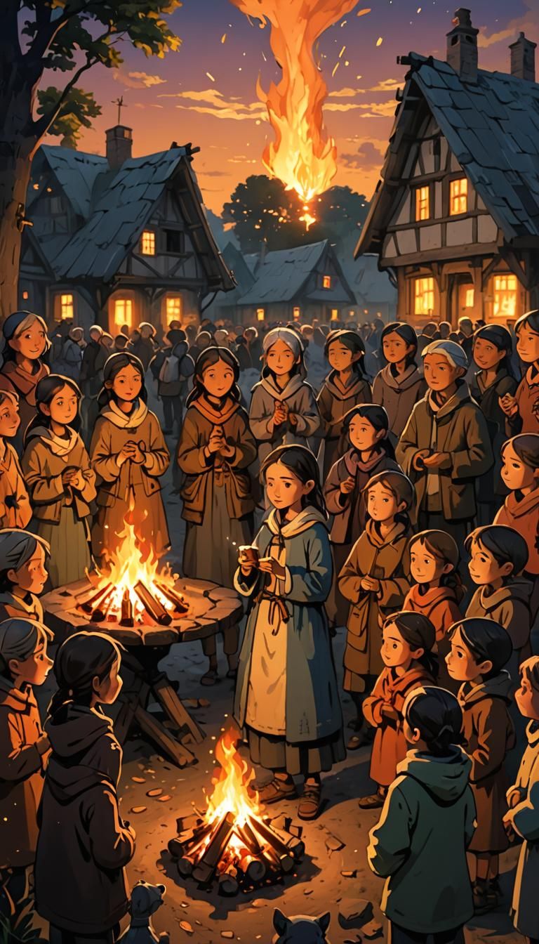 Village Bonfire Scene with Glowing Vial