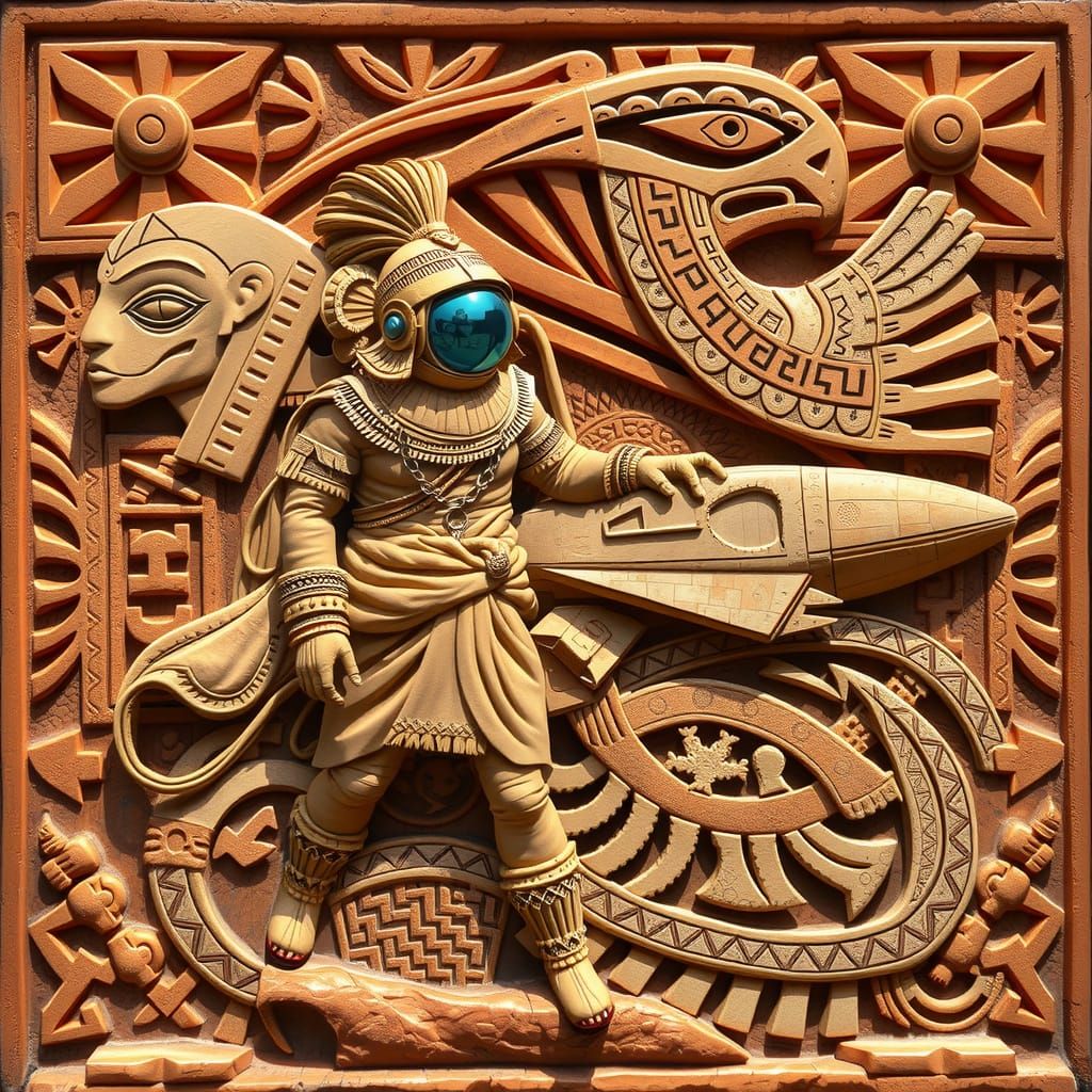 Ancient Astronaut Meets Alien in Inca-Inspired Stone Relief