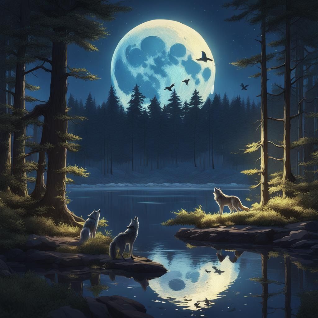Wolves and Moonlit Lake: 3D Anime Art
