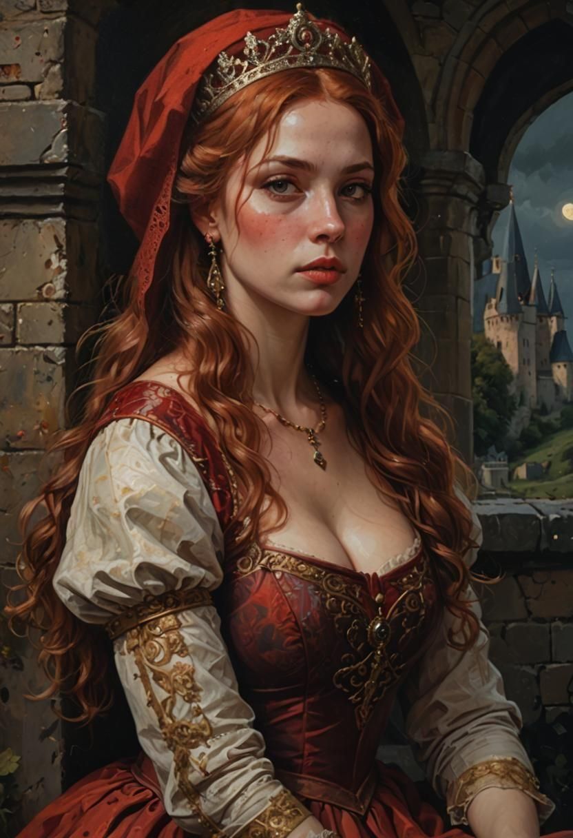 Medieval Polish Queen in Red Dress: Oil Painting