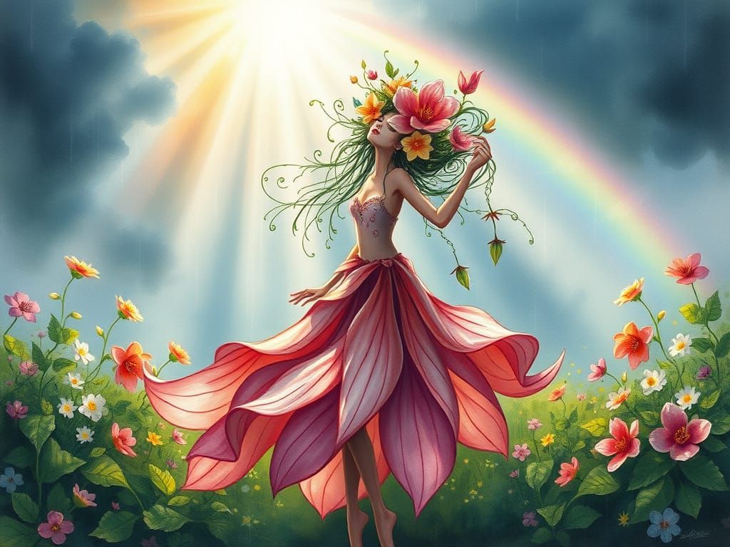Whimsical Watercolor Woman Dances in Spring Rainbow