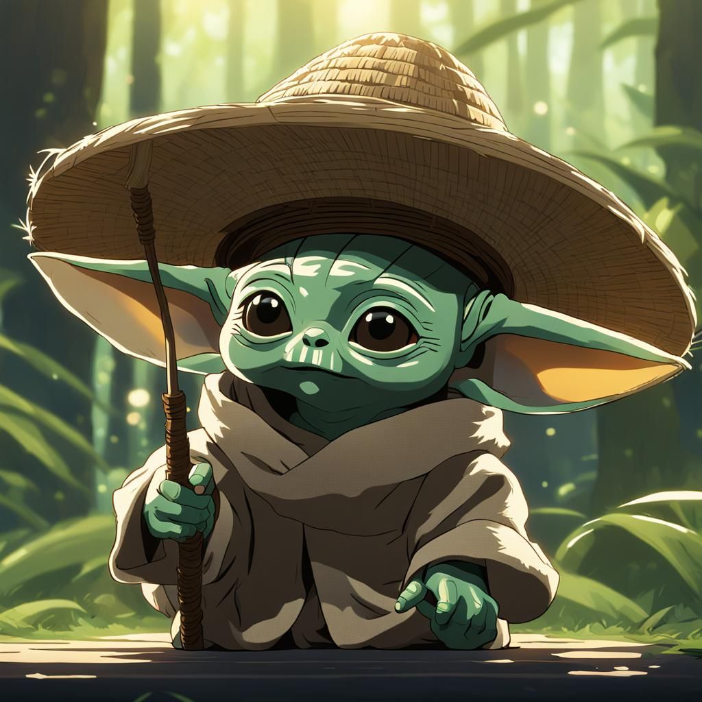Baby Yoda with Straw Hat in Ghibli Style