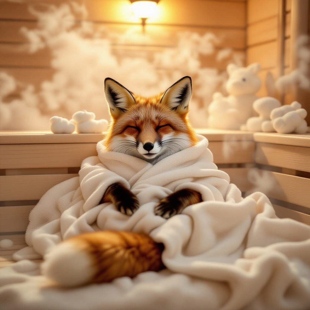 Fox Relaxing in Sauna in Kinkade Style