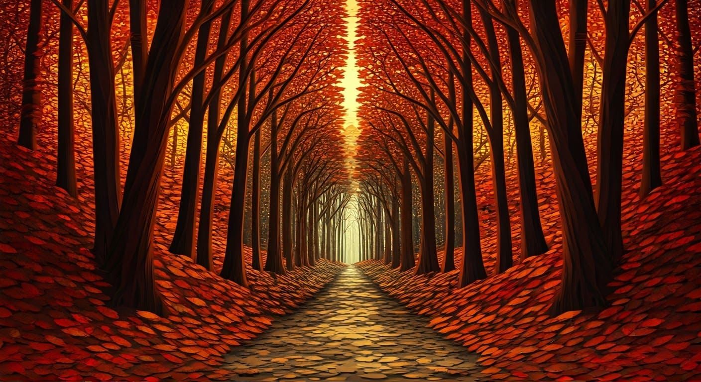 Autumn Forest Path in Vibrant Paper Collage Style