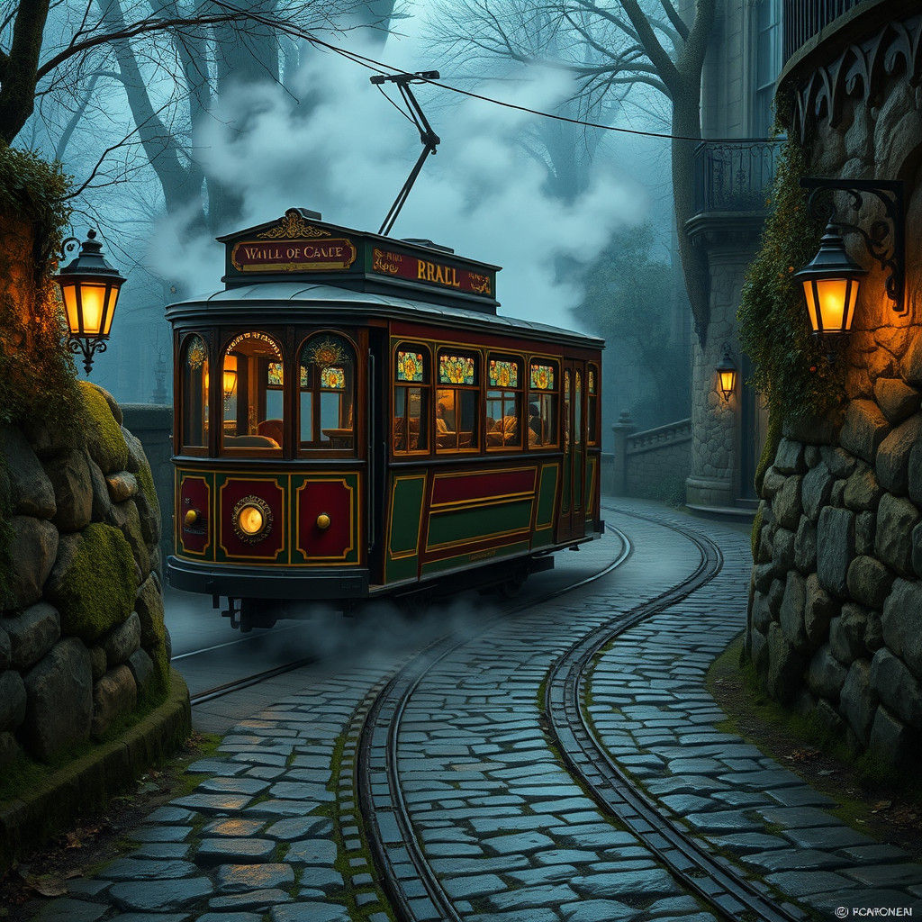 Vintage Tram on Cobblestone Road in Dreamlike Style