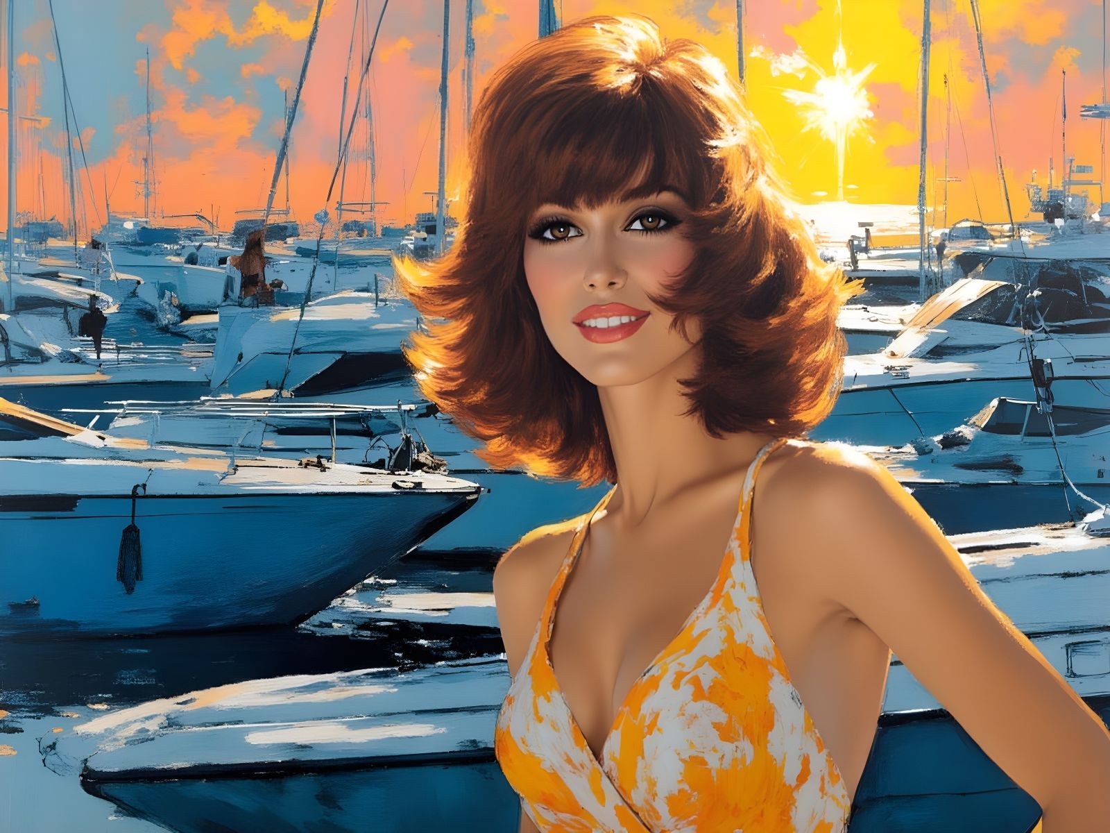 Impressionist Marina Scene with Raquel Welch at Sunset