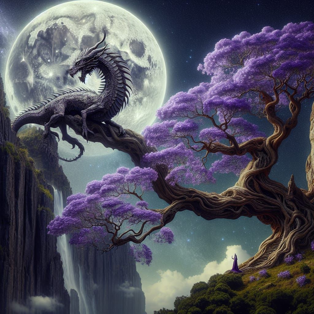 Dragon on Cliff Under Moonlight, Fantasy Art