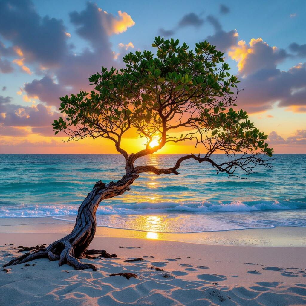 Dramatic Beach Sunset with Weathered Tree Silhouette