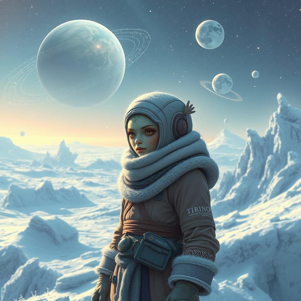 Futuristic Winter Wonderland with 12 Icy Planets and Humanoi...