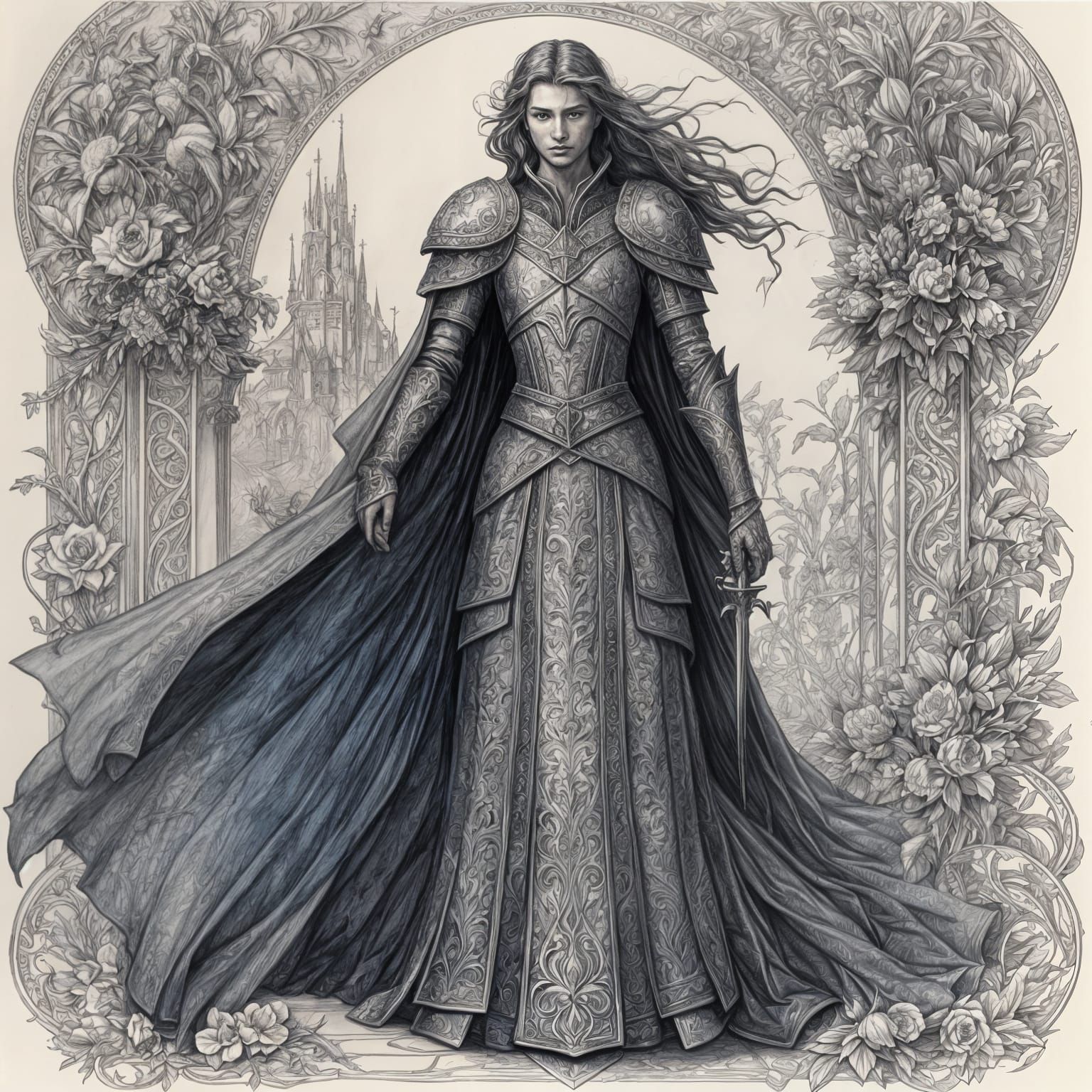 Medieval Fantasy Lancelot Portrait in Multi-Colored Ink