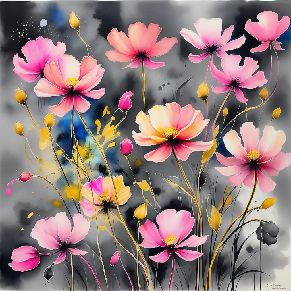 Electric Pink Poppies in Watercolor Charcoal Style
