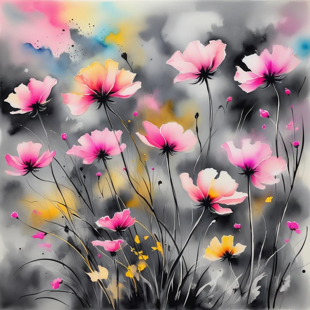 Energetic Pink and Gold Poppies in Watercolor Charcoal