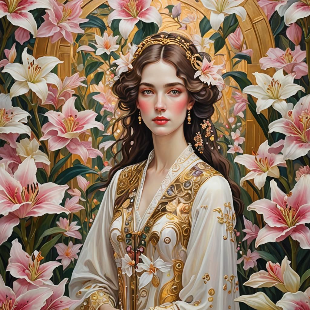Elegant Woman in Lavish Garden: Klimt-Inspired Painting
