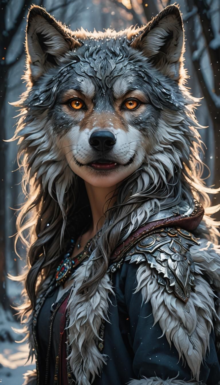 Girl with wolf ears standing with her wolf of silver fur Epic cinematic brilliant stunning intricate meticulously detail...