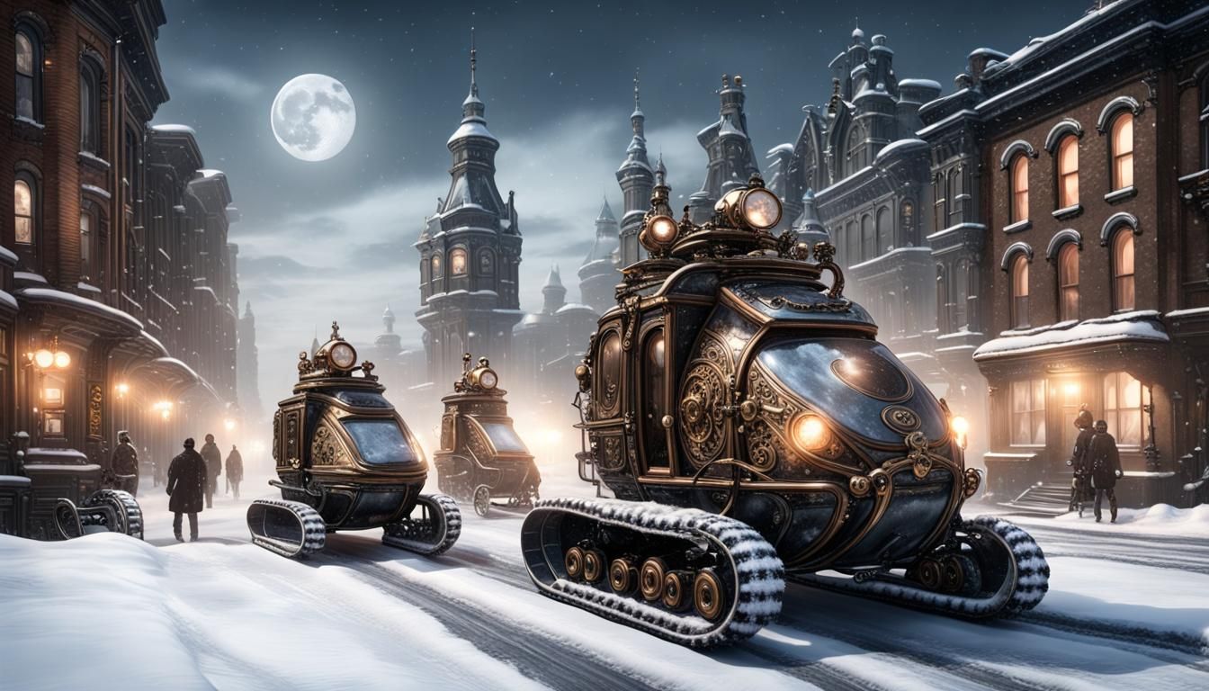 Steampunk Snowmobiles in Icy Victorian City