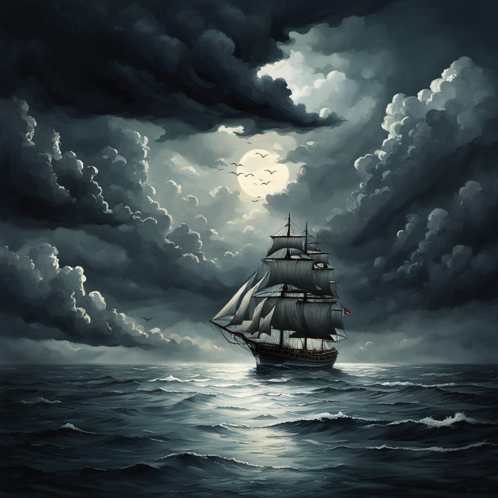 Ship Sails Towards Stormy Island Horizon