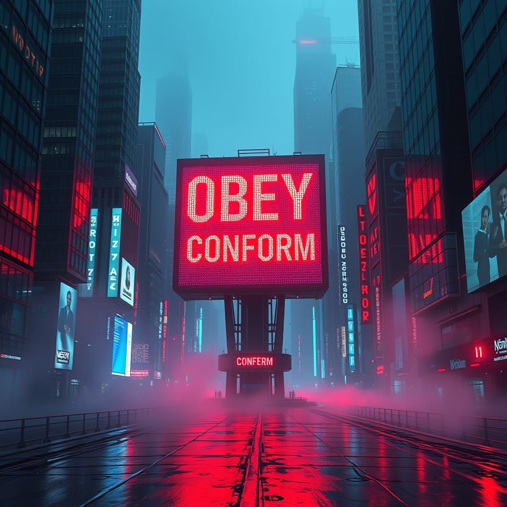 Dystopian Metropolis Under Ominous Surveillance