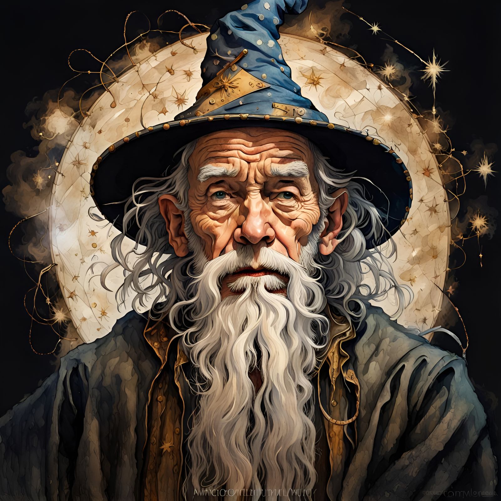 Ornate Wizard Portrait in Watercolor Style