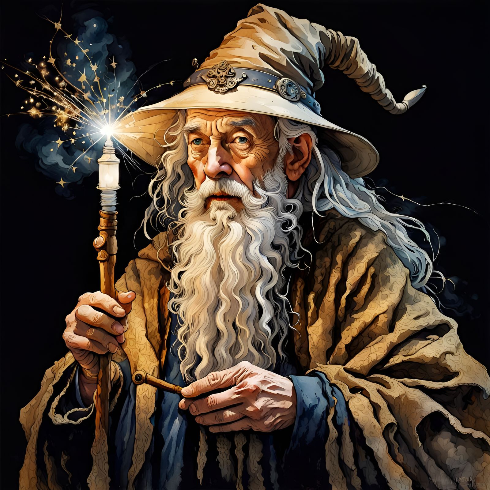 Ethereal Wizard Portrait in Digital Watercolor Style