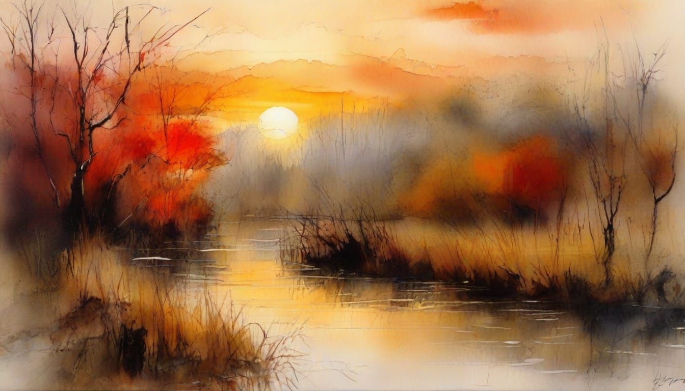 Embossed Crocodile Head Emerges From Misty Swamp at Sunrise