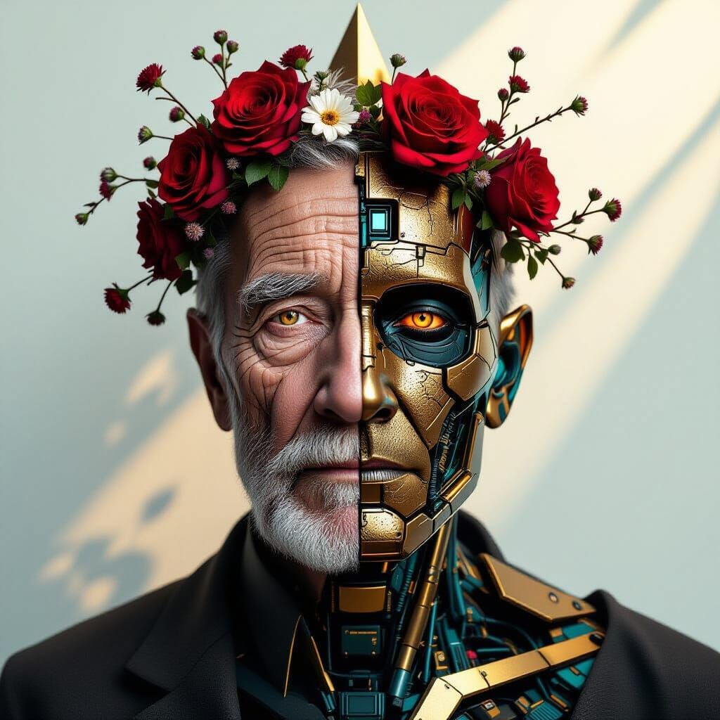 Elderly Man's Bi-Faceted Portrait: Human and Cybernetic