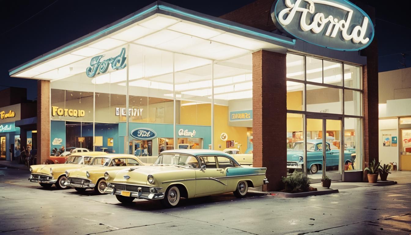 Vibrant Ford Showroom with Googie Architecture at Night