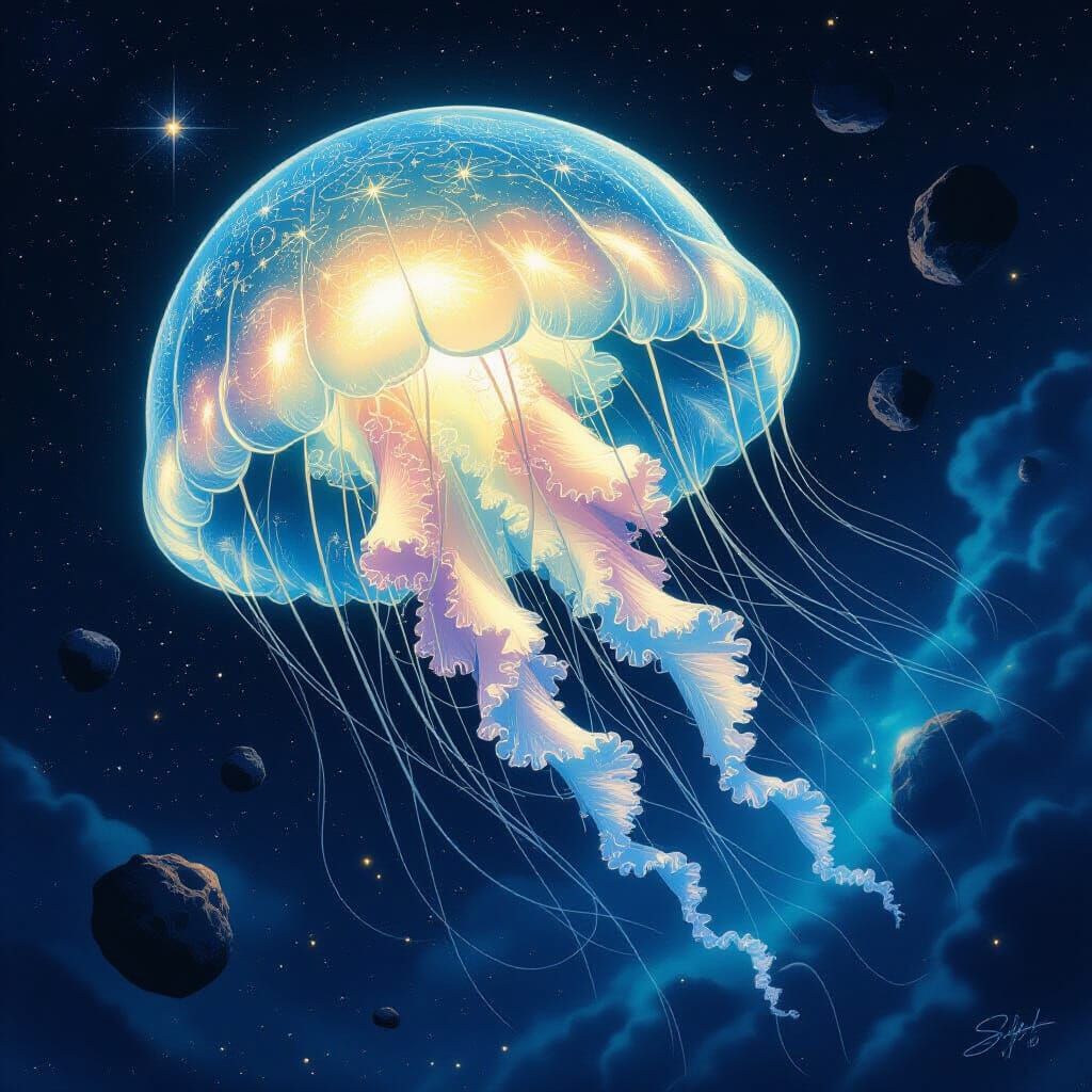 Bioluminescent Jellyfish in Space: Ghibli Art Nouveau
