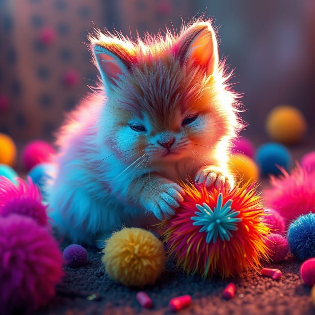 Whimsical Pet Plays with Vibrant Pom Poms in Dreamlike Setti...