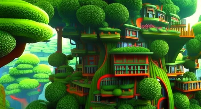Colorful Candy Treehouse in Forest: 3D Render
