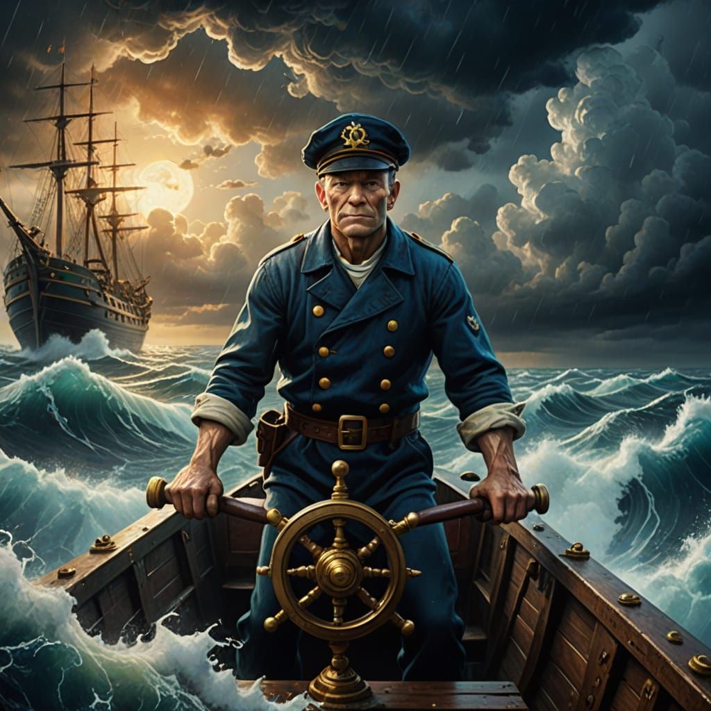 Popeye Steers Ship through Surreal Stormy Seas in Vibrant Oi...