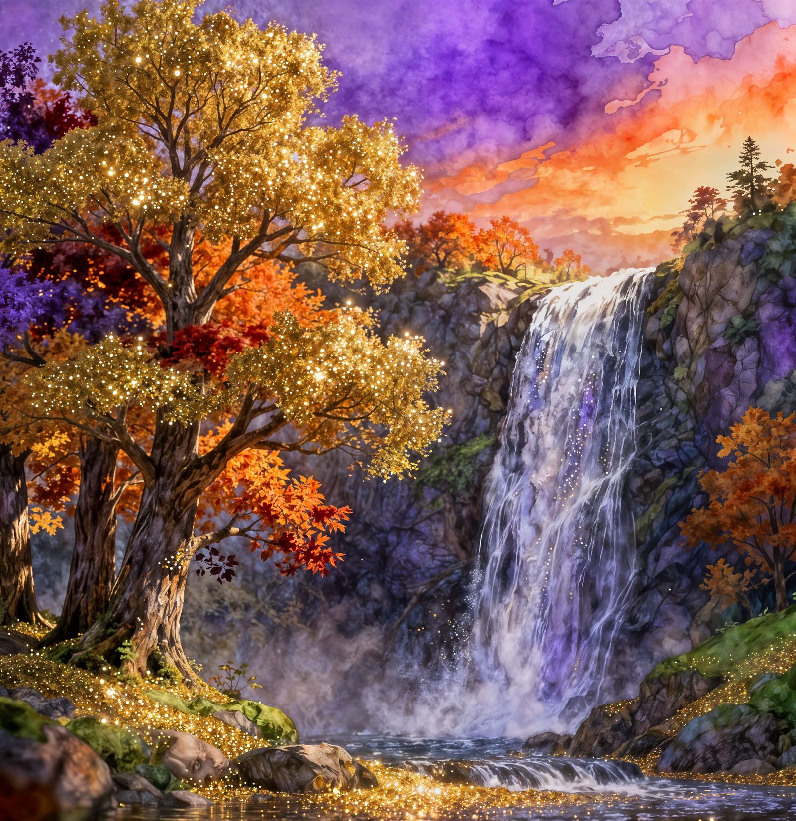Majestic Autumn Waterfall With Golden Glitter in Fantasy Sty...