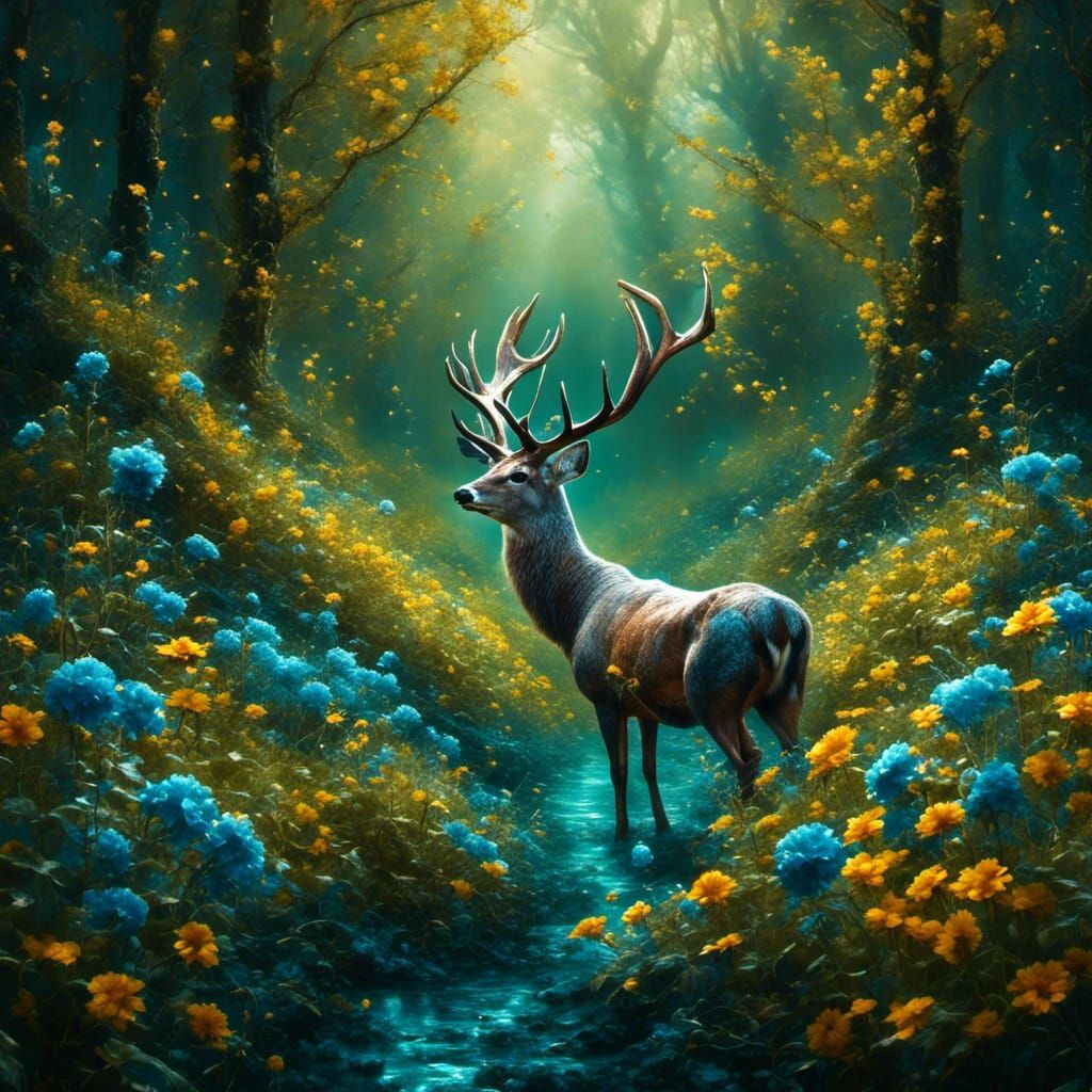 Metallic Flower Field with Deer: 3D Game Cinematic