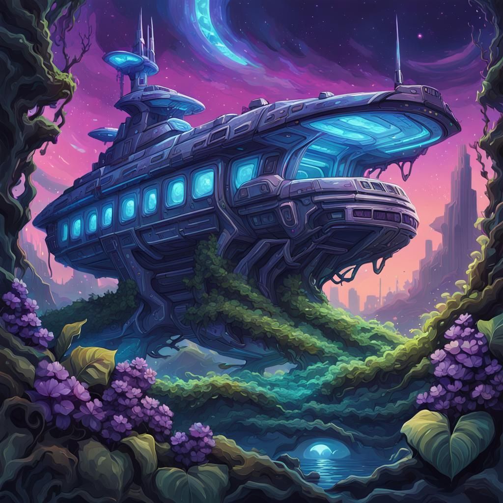Bioluminescent Alien Flora Envelops Spaceship in Cosmic Art