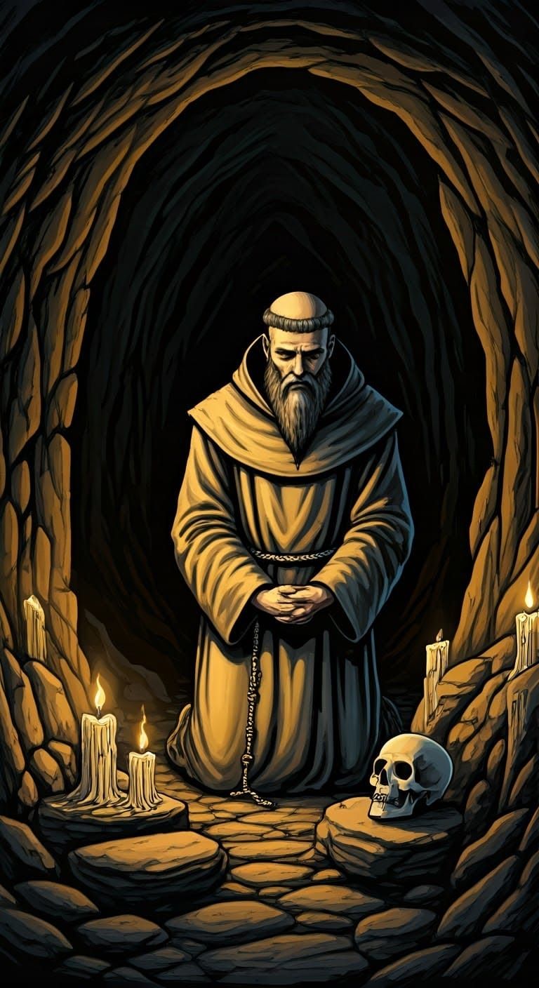 Monk Meditating in Cave, Dark Fantasy Art