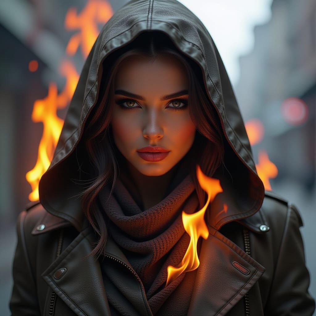 Woman in Fiery Inferno, Hyperrealistic HDR