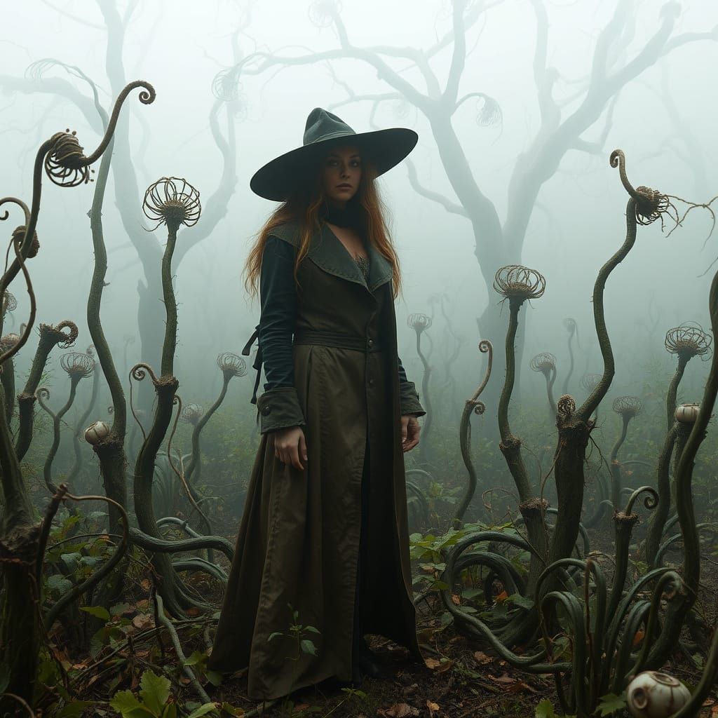 Mystical Woman in Eerie Garden Illustration