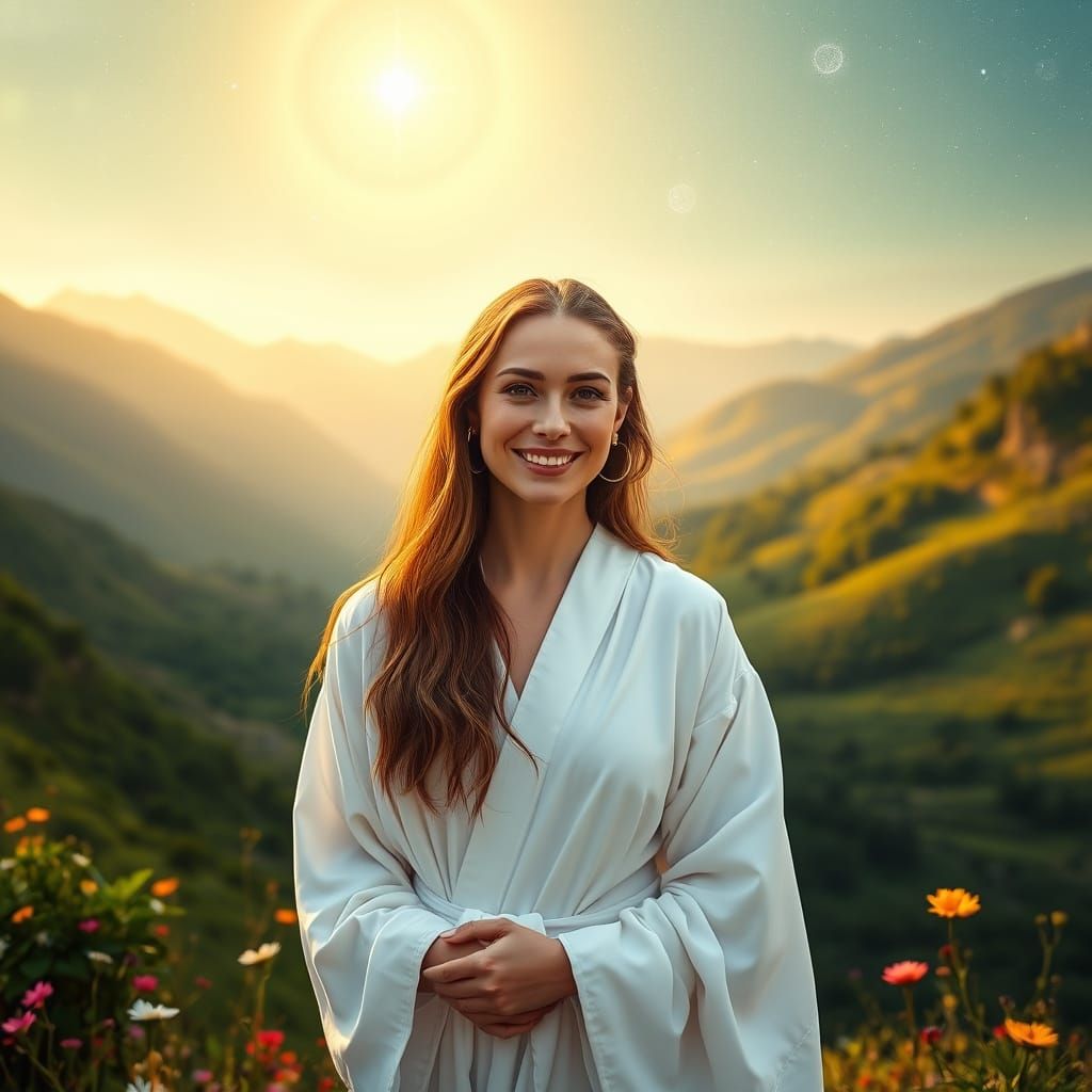 Photorealistic Green Tara Shines Over Serene Valley of Peace...