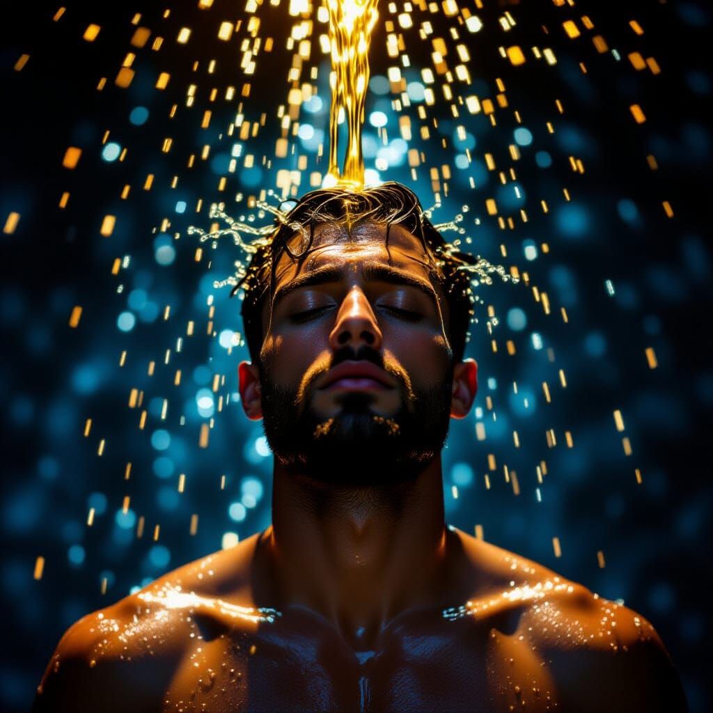 Man Under Anointing Oil with Dramatic Blue & Red Lighting