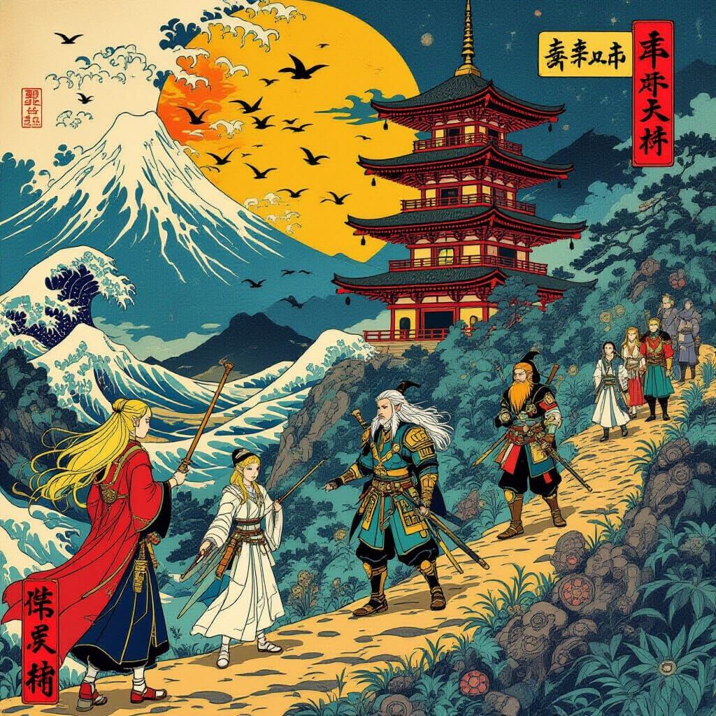 Ukiyo-e Lord of the Rings Fusion: Elves, Wizards, Dwarfs, Go...