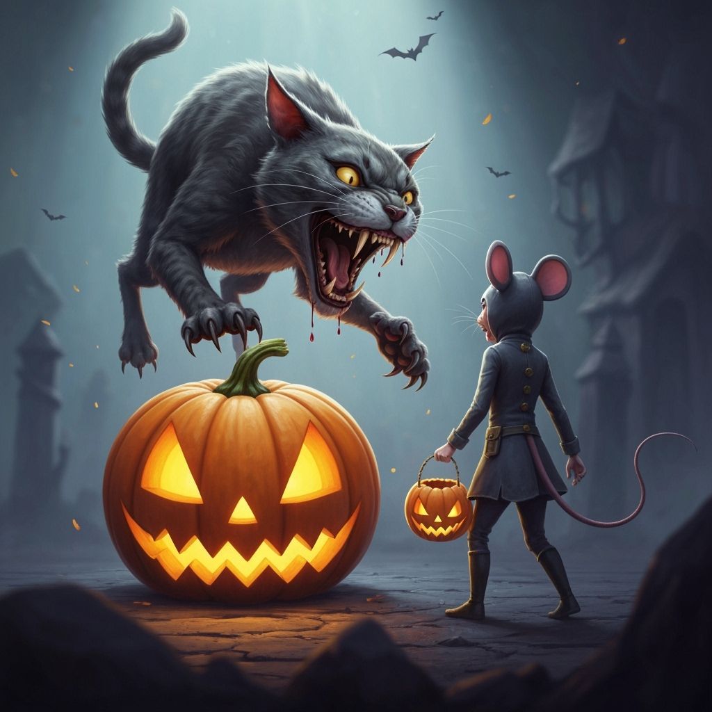 Terrifying Fanged Cat Attacks Mouse Costume Trick-Or-Treater
