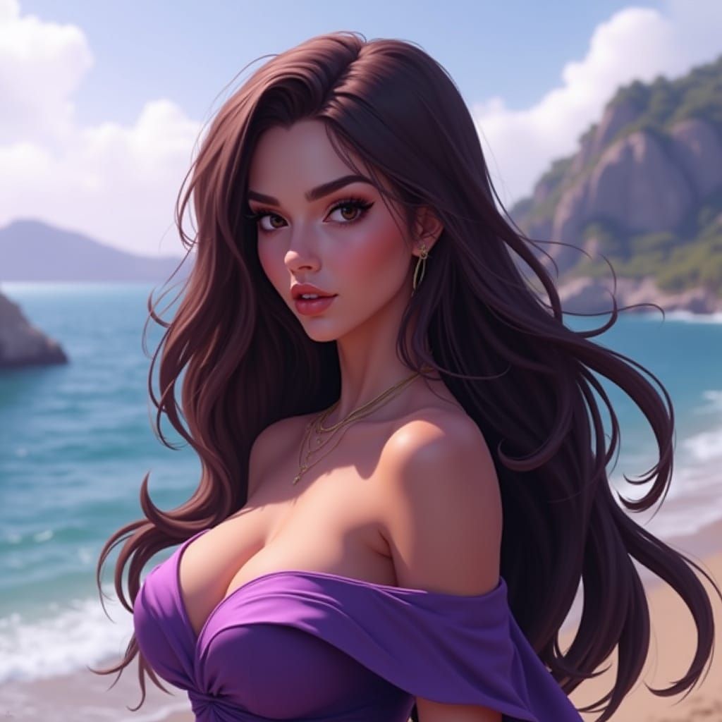 Glamorous Woman with Purple Highlights, 3D Digital Art