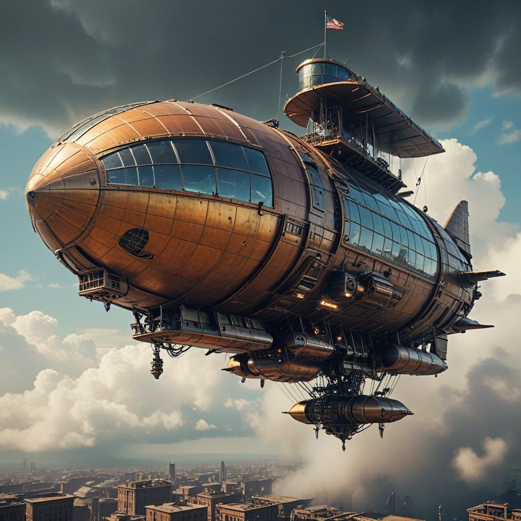 Steampunk Cyborg Airship in Retrofuturistic Style