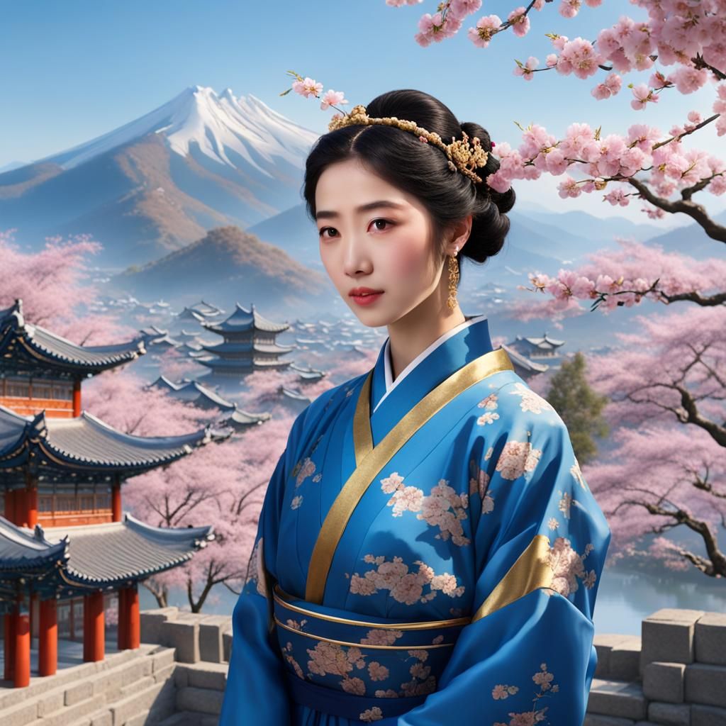 Woman in Traditional Dress with Cherry Blossoms