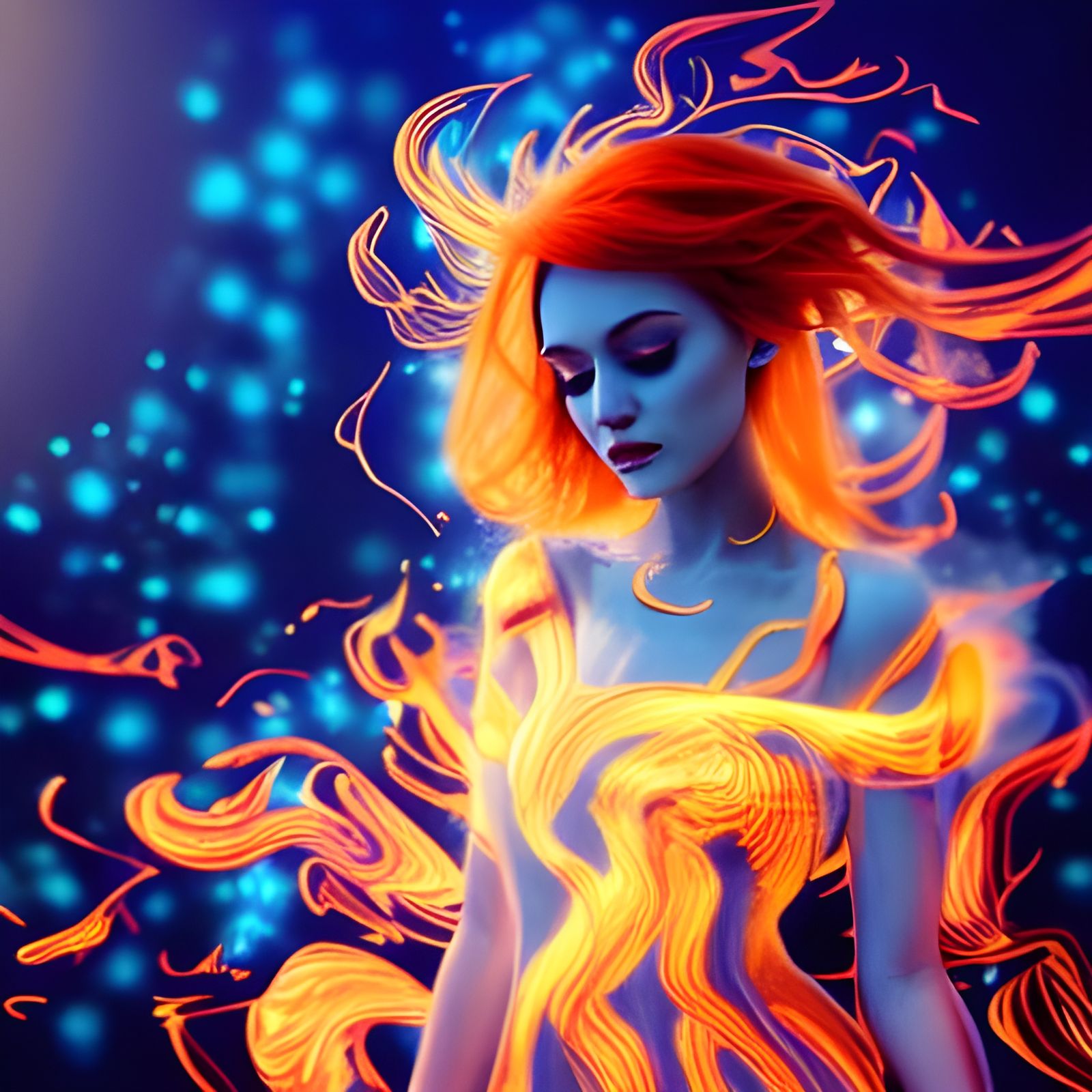 Holographic Girl in Flaming Dress Concept Art