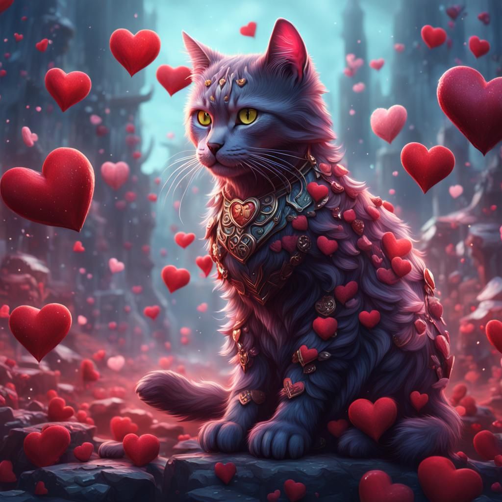 Detailed Cat with Hearts Fantasy Concept Art