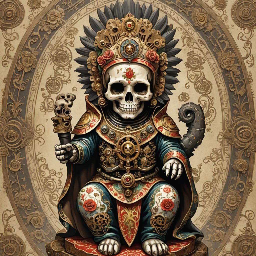 Maneki Neko Skull Virgen de Guadalupe Painting
